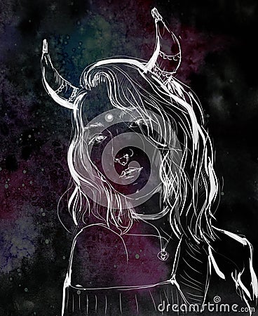 Digital portret of fantasy woman with horns on dark background Cartoon Illustration