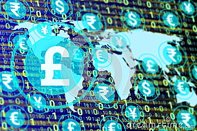 digital pound icon isolated on other currency, world map and numbers Stock Photo