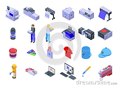 Digital printing icons set, isometric style Vector Illustration