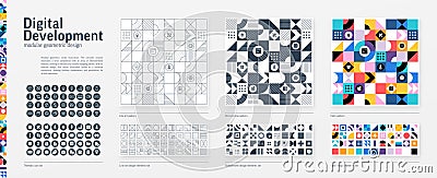 Digital Product Develop Modular Geometric Design. Thin Line, Black, White and Color style Pattern. Application Graphic Stock Photo