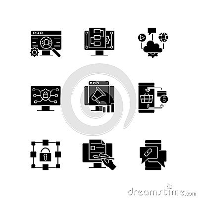 Digital proficiency black glyph icons set on white space Vector Illustration