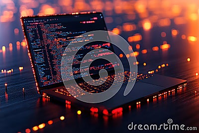 Digital Programmer's Workspace with Glowing Data Streams and Cyberpunk Aesthetic Stock Photo