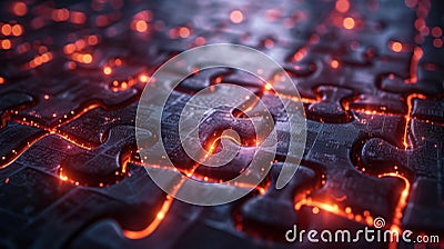 A digital puzzle of interconnected blocks representing the secure and unalterable nature of blockchain technology. Each Stock Photo