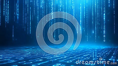 Digital rain with glowing binary code cascading in a futuristic, blue environment Stock Photo