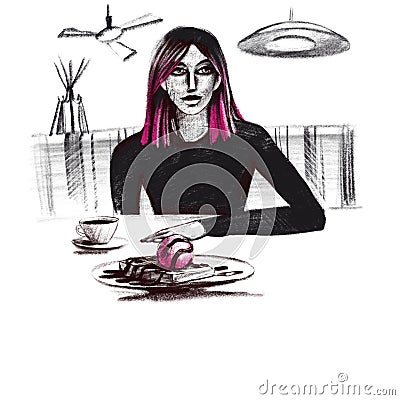Digital raster illustration girl drinking coffee in a cafe in black and Violet color isolated objects on white background for Cartoon Illustration