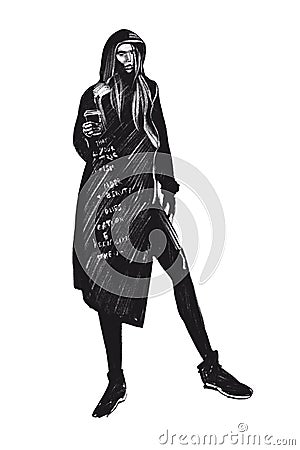 Digital raster illustration girl in the hood with coffee in a paper cup in black color isolated objects on white background for Cartoon Illustration