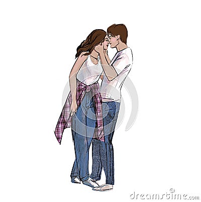Digital raster illustration man and woman are hugging in blue, beige and brown color isolated objects on white background for Cartoon Illustration