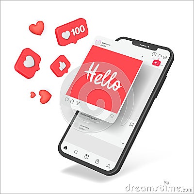 Digital realistic Smartphones with Flying Emoji Reactions. red social Mockup. Vector Illustration