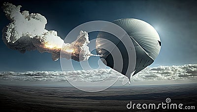 digital reconstruction of wide angle view of a deflated sounding or weather balloon, hit by a missile fired from a jet Stock Photo