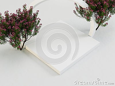A digital rendering of an architectural feature, with a central white triangular slab and two cherry blossom trees on Stock Photo