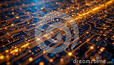 A digital rendering of a circuit board features an intricate pattern of golden lines and nodes. Stock Photo