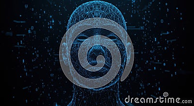 Digital rendering of a cybernetic human face composed of interconnected luminous blue nodes, representing artificial intelligence Stock Photo