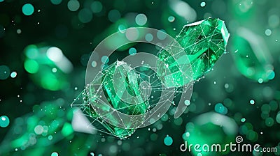Digital rendering of emerald gems with wireframe network details Stock Photo