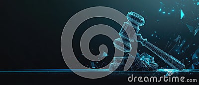 A digital rendering of a gavel on a block, with glowing blue lines and particles Stock Photo