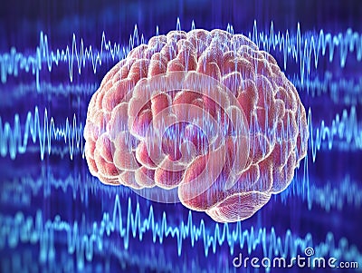 Digital rendering of a human brain surrounded by soundwave patterns symbolizing cognitive science neural pathways and the inter Cartoon Illustration