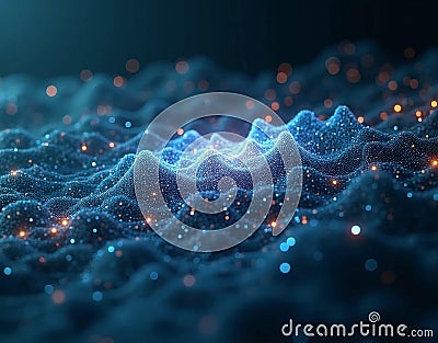 A digital rendering showcases undulating waves composed of countless tiny points of light against a dark backdrop. Stock Photo
