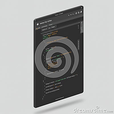 A digital rendering of a tablet screen displaying code in a dark-themed integrated Stock Photo