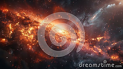A digital representation of a black hole with a glowing accretion disk and dynamic particle jets in deep space Stock Photo