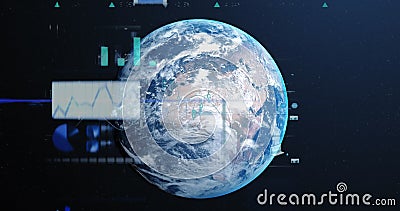 A digital representation of Earth with various data charts and graphs overlaying image Stock Photo