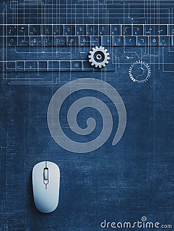 A digital representation features a keyboard, white mouse, and gears set against a deep blue backdrop, symbolizing Stock Photo
