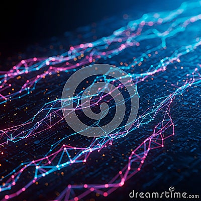A digital representation featuring interconnected lines and nodes, forming a network Stock Photo