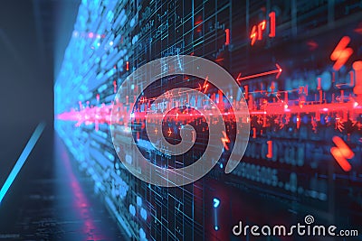 digital representation of a firewall, with a glowing blue barrier deflecting red arrows and code snippets Stock Photo