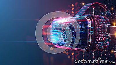 A digital representation of a virtual reality headset with glowing neon lines and cybernetic data elements on a dark background Stock Photo