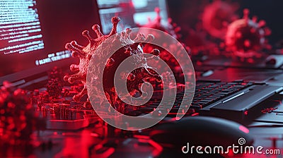 digital representation of virus computer keyboard, symbolizing cyber threats and malware. scene is illuminated red Stock Photo