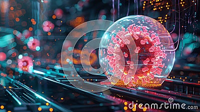 Digital representation of a virus particle in a futuristic laboratory setting, symbolizing advanced scientific research Stock Photo