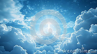 Digital representations of clouds are used to illustrate cloud migration, complete with data points and network Stock Photo