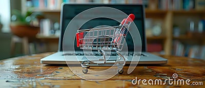Digital Retail Therapy - Cart and Laptop. Concept Online Shopping, Retail Therapy, E-commerce, Stock Photo