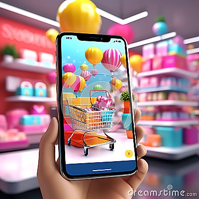 Digital Retail Therapy: Online Shopping on Smartphone - Mobile Application (3D Rendering Stock Photo