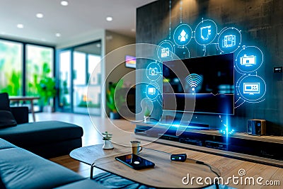 The Digital Revolution Holographic Icons in Your Living Room Stock Photo