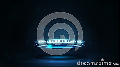 Digital ring with lights in dark room. Shine blue neon podium in shape of ring Vector Illustration