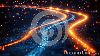 Digital roadmap for tech progress shows bright pathways. Dynamic interplay of orange, blue lights. Abstract image of data flow, Stock Photo