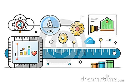 Digital ruler measuring data flow with visual graphics of charts, tools, and futuristic icons in vibrant colors on white Vector Illustration