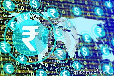 digital rupee icon isolated on other currency, world map and numbers Stock Photo