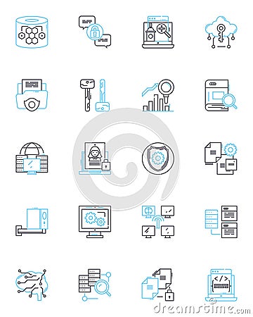 Digital safeguards linear icons set. Encryption, Firewall, Password, Malware, Cybersecurity, Privacy, Authentication Vector Illustration