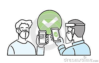 Man wearing FFP2 KN95 mask with qr code on screen - Qr code checking Vector Illustration