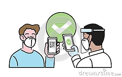 Digital sanitary covid pass check- Man wearing FFP2 KN95 mask showing smartpone screen Vector Illustration