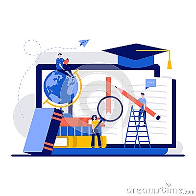 Digital science education concept with tiny character. Student people using mobile device, reading scientific books or ebooks flat Cartoon Illustration