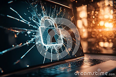 A digital screen displaying a broken lock icon, symbolizing compromised security and hacking threats. Cartoon Illustration