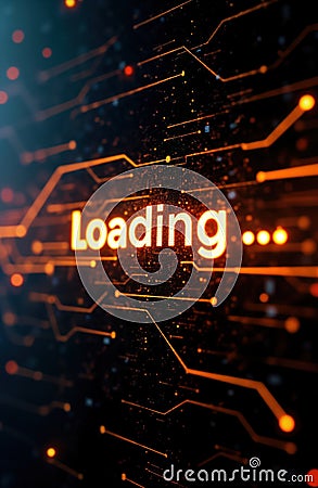 Digital screen displays loading text. Golden lines on dark tech background. Futuristic design shows data transfer. Abstract Cartoon Illustration