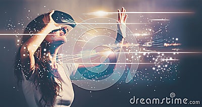 Digital Screen with young woman with VR Stock Photo