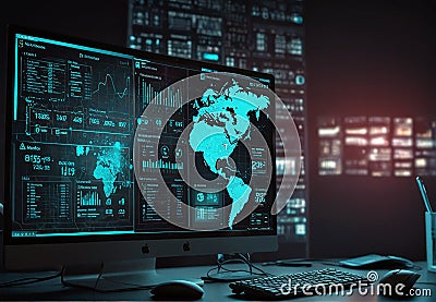 Digital screens showing real-time cloud computing analytics and metrics, DevOps Stock Photo