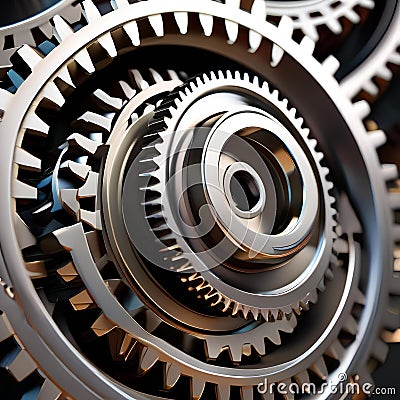 A digital sculpture of interlocking gears and cogs, turning and rotating in a synchronized motion2 Stock Photo