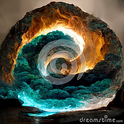 Digital sculpture of a swirling blue and orange vortex tornado of clouds water and fire Stock Photo