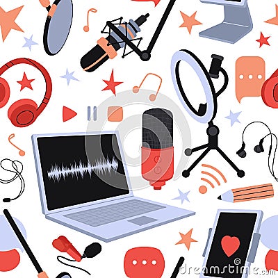 Digital seamless pattern, laptop tablet and microphone. Streaming service technology print, broadcast or live radio show Cartoon Illustration