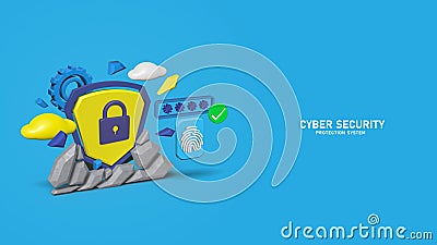 Digital security authentication concept. 3d Protection cyber secure icon. Realistic 3d padlock with password and shield. Cartoon Illustration