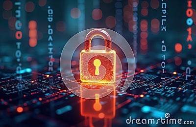 Digital security concept. Padlock on circuit board. Binary code visible in background. Modern tech. Cybersecurity image. Stock Photo